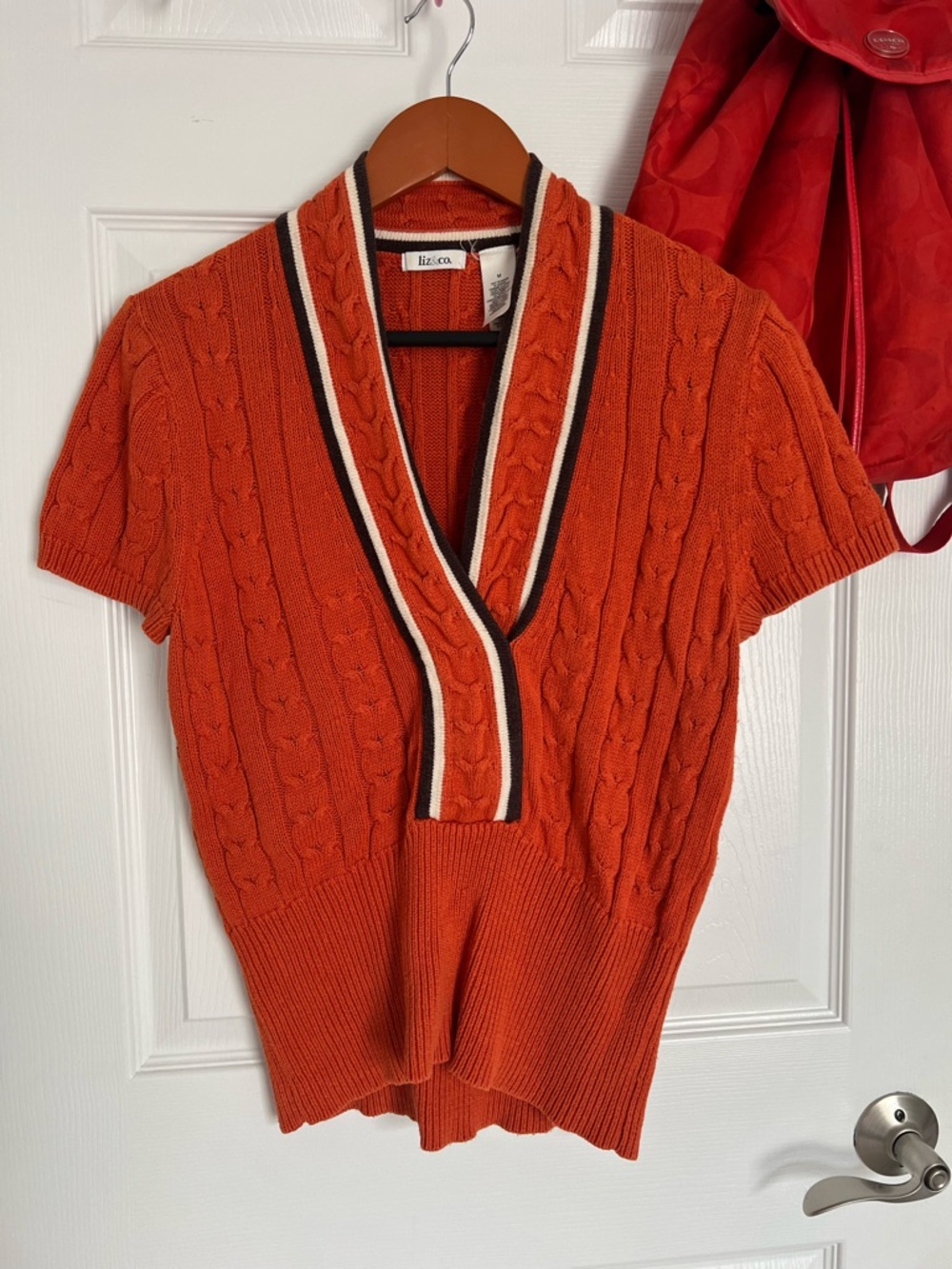 Liz Co Orange Cable V-Neck Sweater with Striped Trim